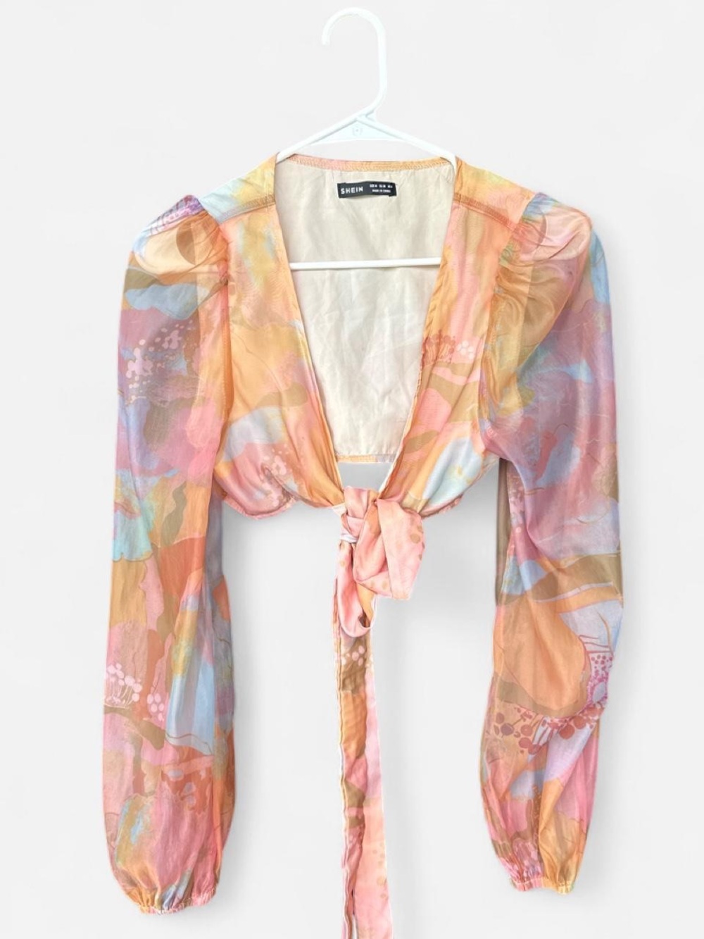 SHEIN Pastel Watercolor Tie-Front Long Sleeve Crop Top - Pink, Peach, Blue